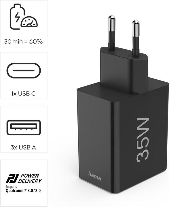 Actual product image Hama Quick charger, 1x USB-C PD, 3x USB-A, mini charger, 35W, black (35 W)