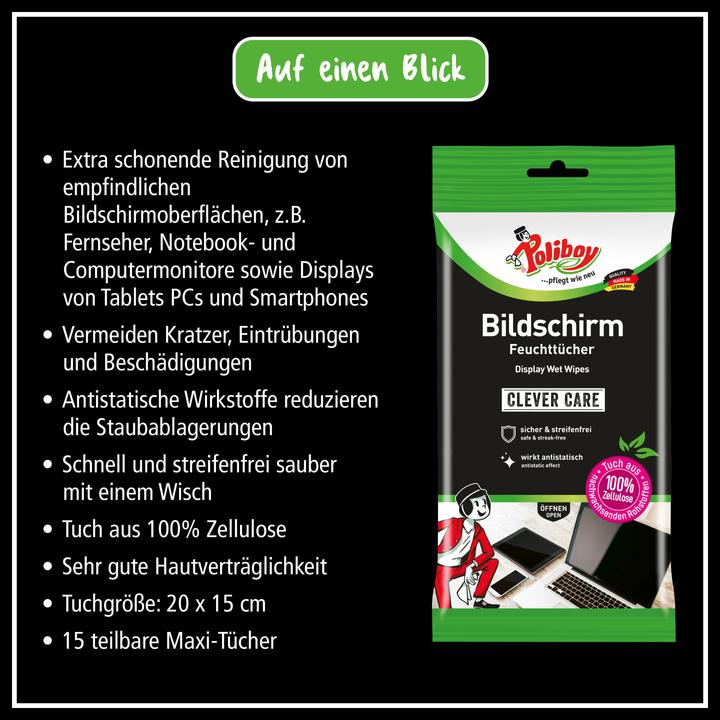 Produktbild Poliboy Bildschirm Feuchttücher - 3x15 Tücher - inklusive Leder Pflege Probe (45 x)