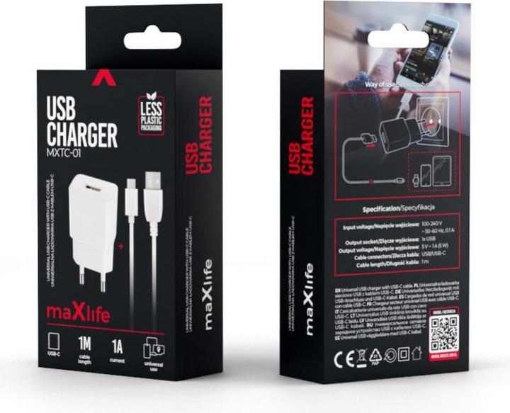 Immagine prodotto Maxlife Caricabatterie MXTC-01 1x USB 1A whIte + cavo USB-C (5 W, 1 porzione)