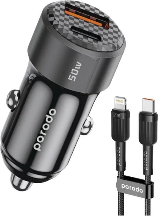 Immagine prodotto Porodo 50W Dual Port Car Charger PD 20W QC 30W with C to L Cable - Black