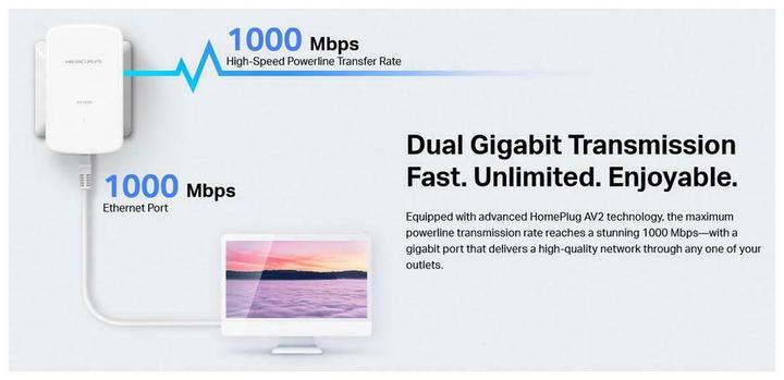 Produktbild Mercusys POWERLINE AV1000 KIT 1P GIGABIT 1000MBPS 2 UNIT&#192 (1000 Mbit/s)