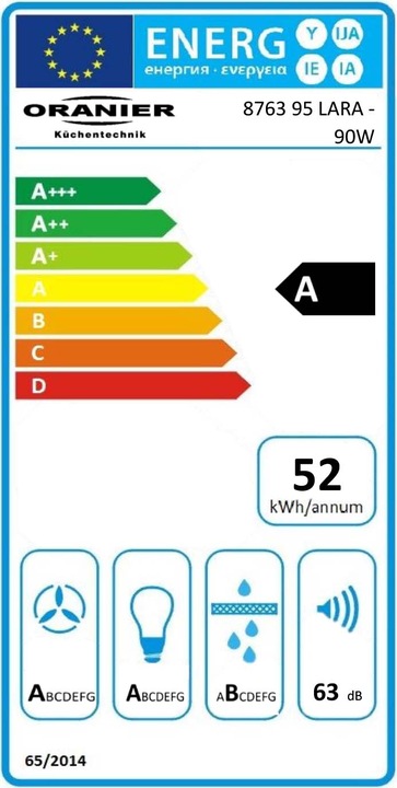 Energie-Label Oranier Lara 90 W weissglas Kopffrei-Wandhaube, Breite 90 cm (Wandhaube)