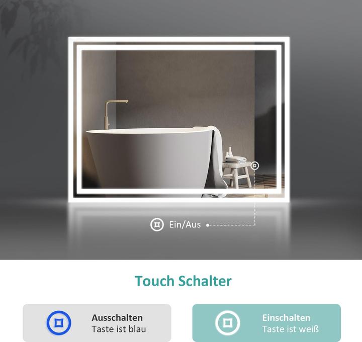 Actual product image Emke LED Bathroom Mirror 70x90 cm, Cool White, Touch Switch, Dimmable, Satin Edge, IP44 (90 x 70 cm)