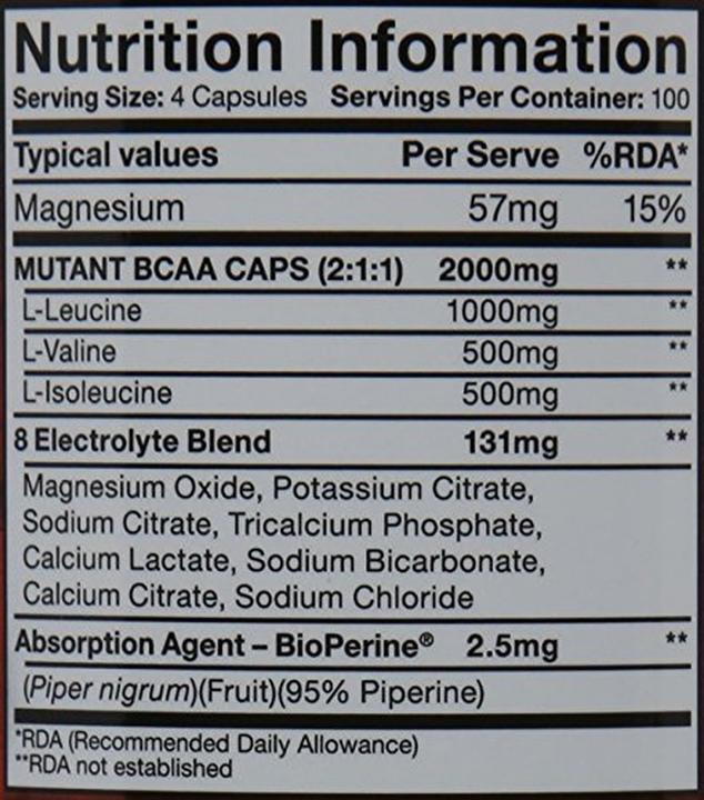 Nährwerte und Zutaten Mutant Bcaa (400 Stück, Kapseln, 250.40 g)