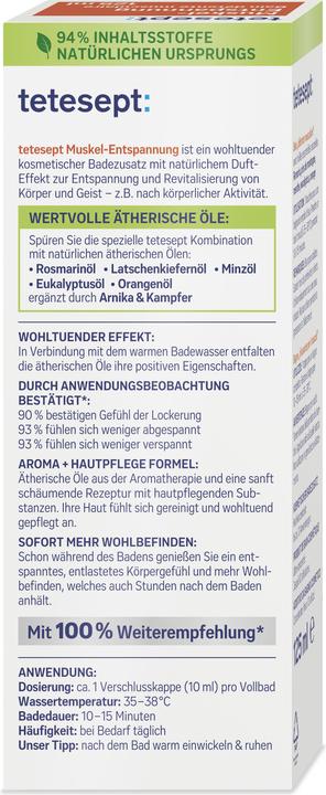 Nutritional values and ingredients Tetesept Health bath muscle relaxation 125 ml (125 ml, Bath oil)