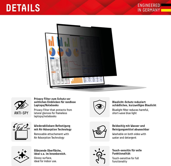 Produktbild Displex Privacy Safe randlos, Laptop Blickschutzfilter (12.44", 16 : 9)