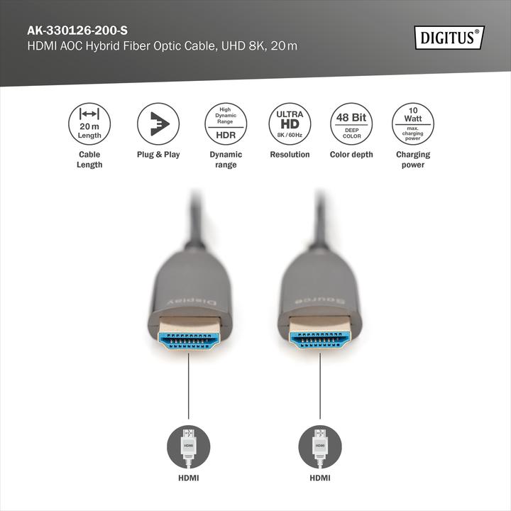 Actual product image Digitus HDMI AOC Hybrid Fiber Optic Cable, UHD 8K, 20 m (20 m, HDMI, 2.1)
