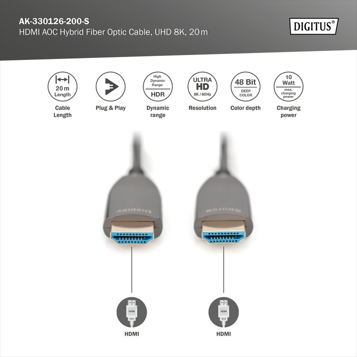 Produktbild Digitus HDMI AOC Hybrid Glasfaserkabel, UHD 8K, 20 m (20 m, HDMI)