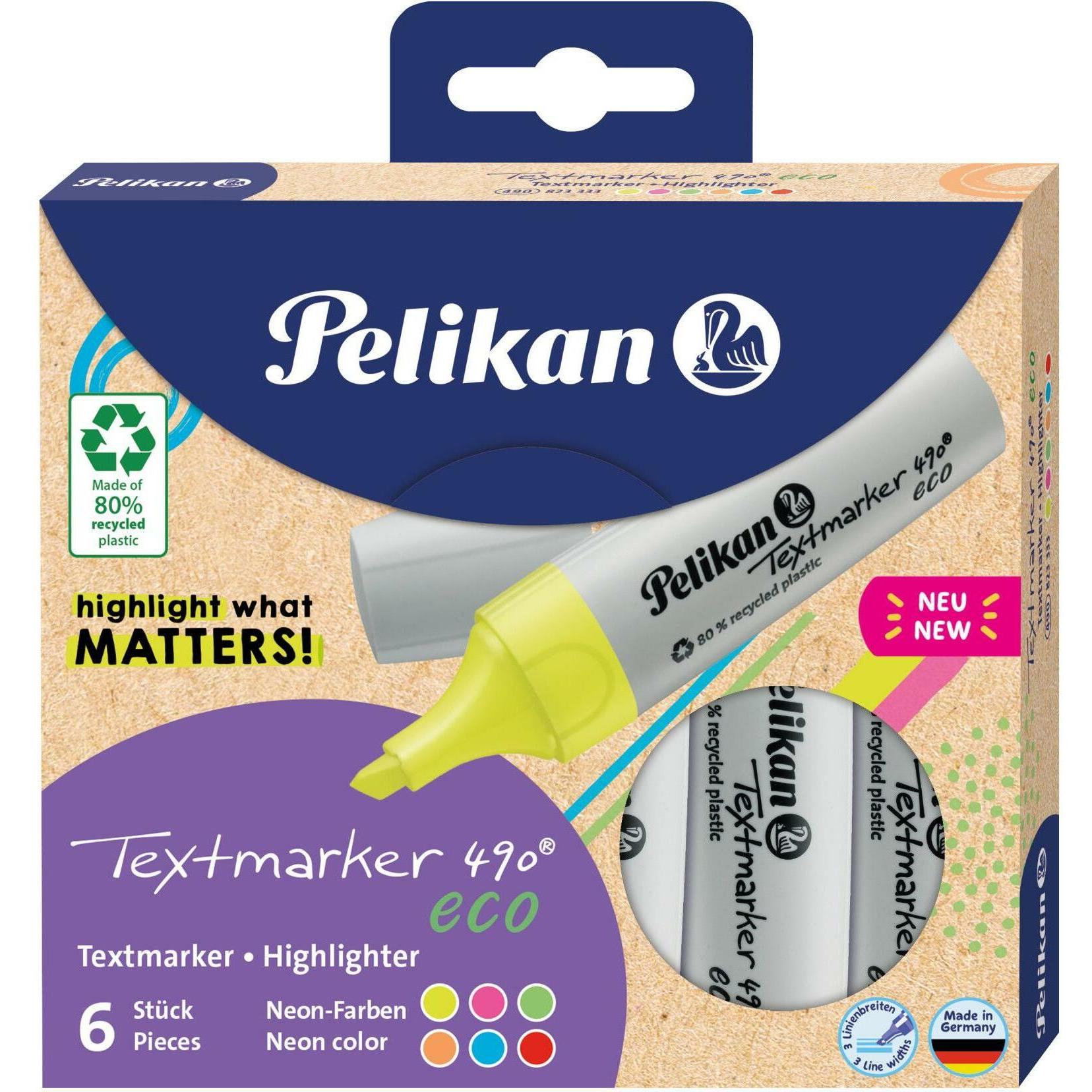 Pelikan, Marker, Textmarker 490 eco Set aus 6 Neon-Farben im Etui (DAA293, 5 mm, 6 x)