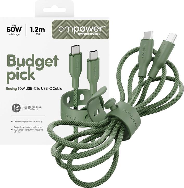 Actual product image PanzerGlass empower™ by ® Racing 60W USB-C to USB-C Cable | USB 2.0 | 1.2M | Sage (1.20 m, USB 2.0, 60 W)