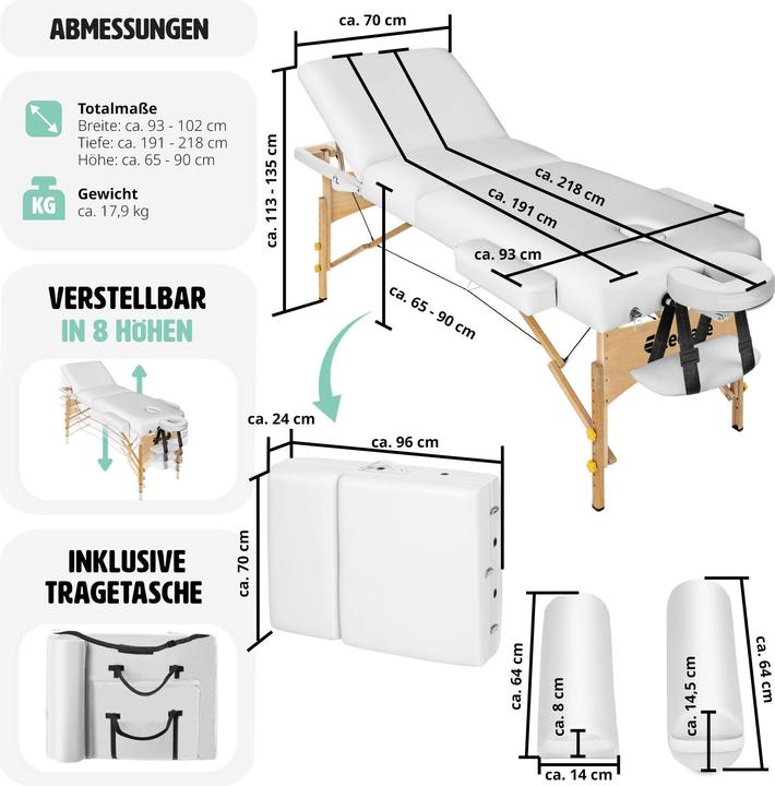 Produktbild tectake 3 Zonen Massageliege-Set Somwang mit 7,5cm Polsterung, Rollen und Holzgestell