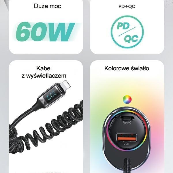 Produktbild Usams Ład. sam. C37 1xUSB+1xUSB-C 60W + kabel Ligtning 30W PD+QC Fast Charge czarny/black CC193CC01