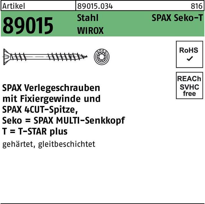Produktbild Spax Spax-Verlegeschraube Senkmultikopf T-Star Plus T20 Fixiergewinde Wirox (200 Schrauben pro Stück)