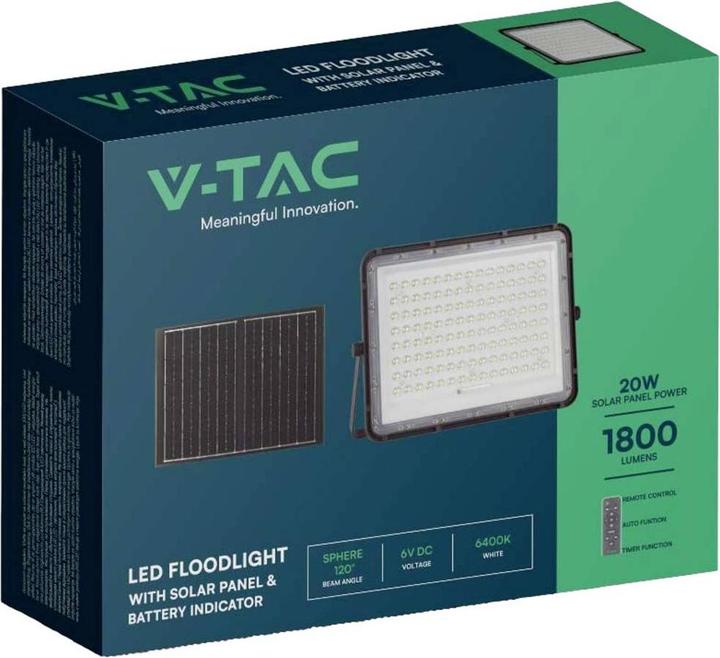 Actual product image V-TAC Solar LED projector 20W Remote control AUTO Timer IP65 Black VT-180W 4000K 1800lm (1800 lm, IP65)