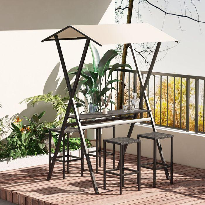 Image du produit Swisshandel24 Ensemble de bar de jardin table de bar en rotin avec 4 tabourets de bar, avec toit, groupe de