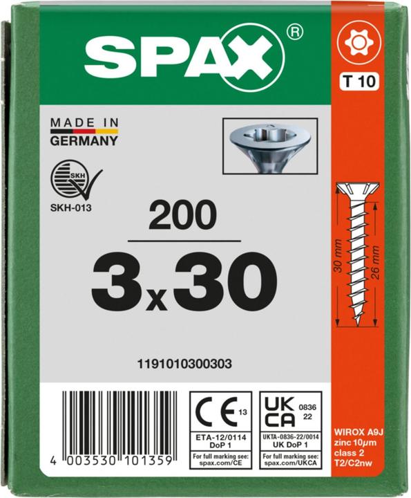 Produktbild Spax Senkkopf Bremsrippen T-Star Plus T10 Vollgewinde Wirox (200 Schrauben pro Stück, 3 x 30 mm)