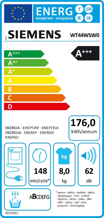Label énergétique Siemens WT44W5W0 iQ700 (8 kg, Droite, Prise UE)