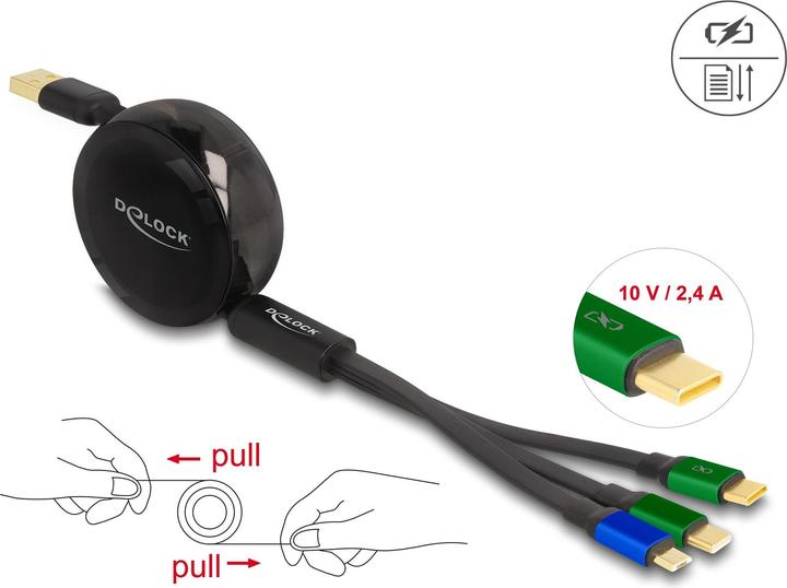 Immagine prodotto Delock Cavo di ricarica USB retrattile da 7,60 cm (3"") 1 Type-A a Micro USB / 2 x USB Type-C™ con (1.13 m, USB 2.0, 10 W)
