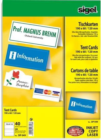 Produktbild Sigel Tischkarten (A4, 20x, 185 g/m²)