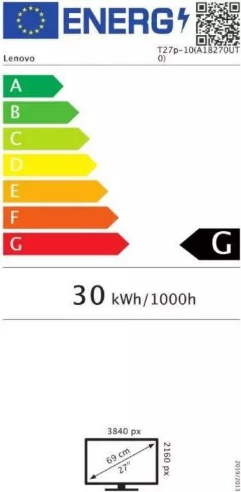 Energie-Label Lenovo ThinkVision T27p-10 27 ", IPS, 4K, 3840x2160 pixels, 16: 9, 4 ms, 350 cd / m², Black (3840 x 2160 Pixel, 27")
