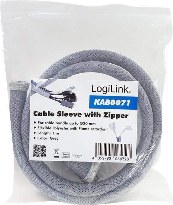 Actual product image LogiLink Cable conduit with zip, 1.0 m, grey made of polyester, abrasion-, tensile- & deformation-resistant (Cable conduit, 100 cm)