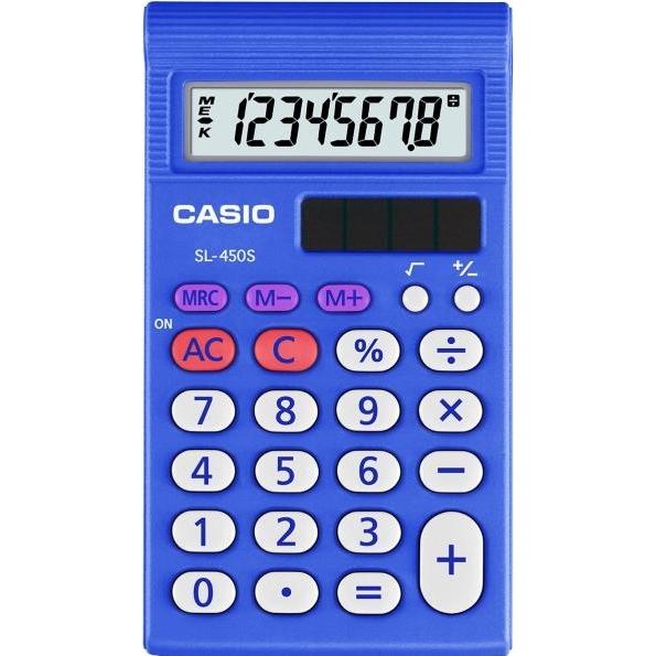 Casio, Taschenrechner, SL-450S, Tasche, Finanzrechner, 8 Ziffern, Batterie/Solar, Blau (Solarzellen)