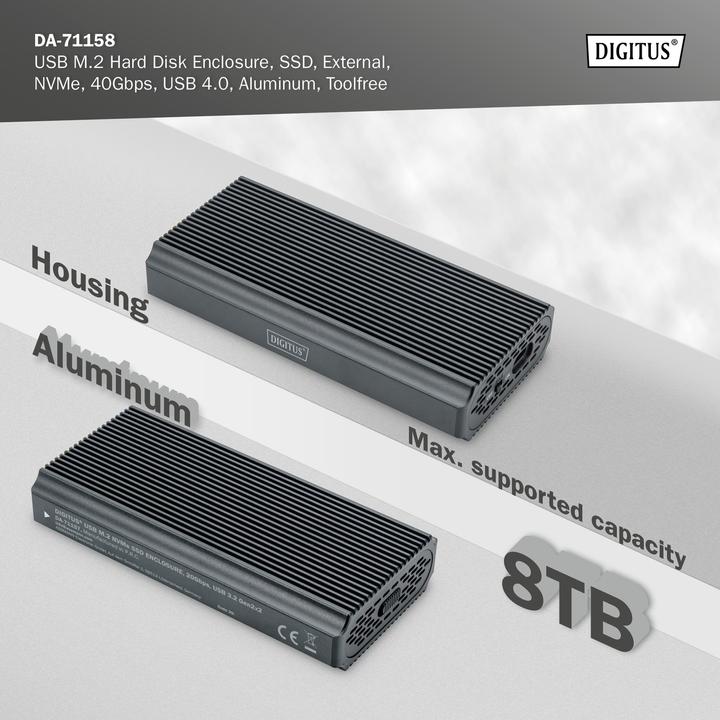 Produktbild Digitus USB M.2 Festplattengehäuse, SDD, extern, NVMe, 40Gbps, USB 4.0, Aluminium, toolfree (M.2 2230, M.2 2242, M.2 2260, M.2 2280)