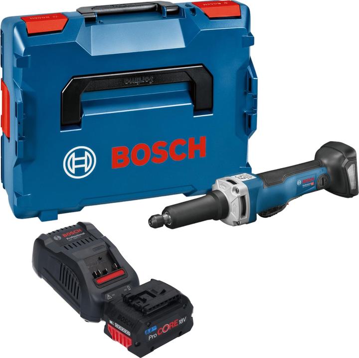 1x Bosch GGS 18V-23 PLC Professional Akku Geradschleifer, 1x Bosch ProCORE 18 V 8,0 Ah Professional Li-Ion Akkupack, 1x Bosch GAL 1880 CV Professional Ladegerät, 1x Einmaulschlüssel 19 mm, 1x Einmaulschlüssel 13 mm, 1x Spannzange mit Spannmutter 6 mm