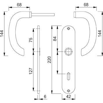 Thumbnail - Hoppe, Türgriff + Fenstergriff, Langschildgarnitur Marseille E1138Z/302 Edelstahl F69 OB 72 mm DIN links / rechts (Türga...