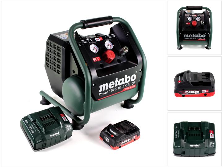 1x Metabo Power 160-5 18 LTX BL OF Akku-Kompressor, 1x Metabo LiHD 4,0 Ah Akkupack (625367000), 1x Metabo ASC 145 Ladegerät (627378000), 1x Universal-Schnellkupplung