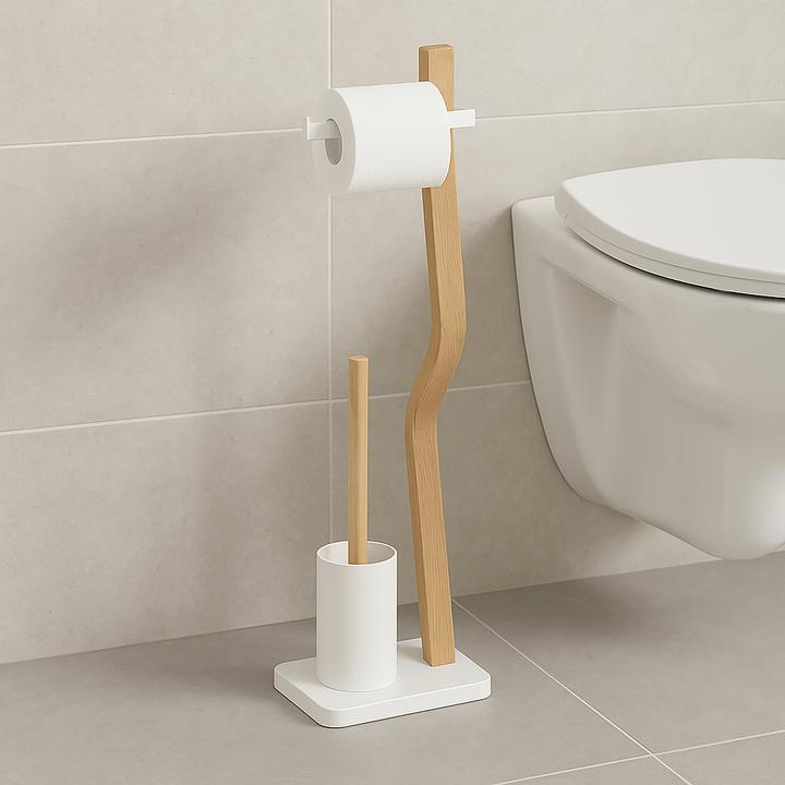 Produktbild Relaxdays - WC Garnitur Holz & Metall, Weiss/Hellbraun, 78,5 x 23 x 18 cm