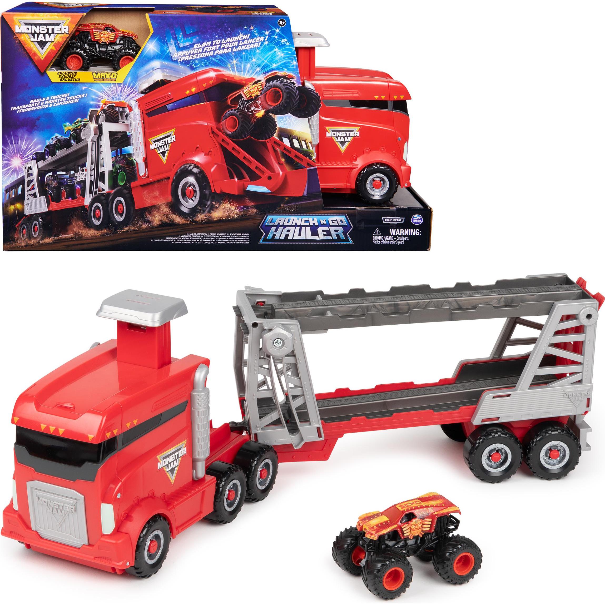 Spin Master Monster Jam, Offizielles 2-in-1 Launch N' Go Hauler Spielset mit Stauraum, inklusive Monster Truck i