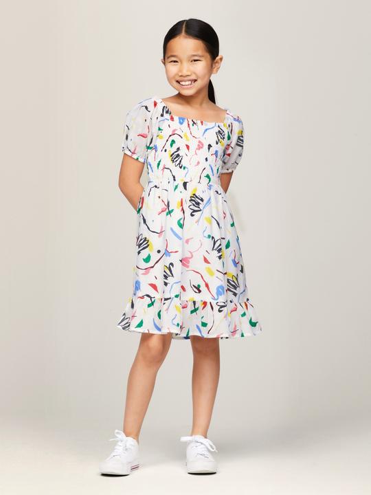 Actual product image Tommy Hilfiger ALLOVER PRINT SMOCKED DRESS Meisjes Jurk - White - Maat 12 (152)