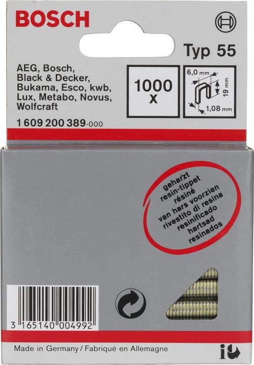 Produktbild Bosch Professional Zubehör Schmalrückenklammer Typ 55, geharzt 6 x 1,08 x 19 mm, 1000er-Pack