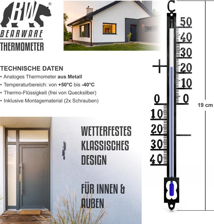 Produktbild Bearware Analoges Thermometer aus Metall, wetterfest, Aussenthermometer, klassisches Design, -40° bis +50° C