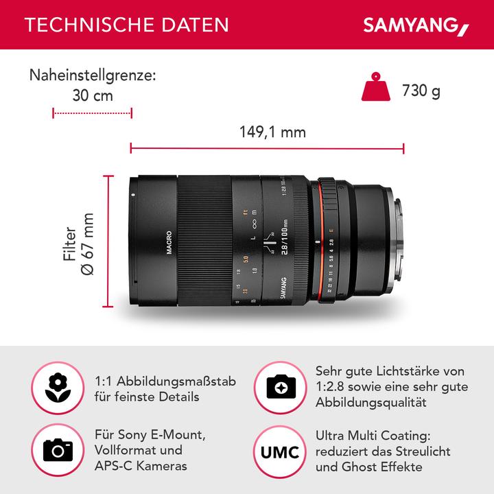 Image du produit Samyang 100mm f/2.8 ED UMC, Sony E (Sony E, Plein format, APS-C / DX)