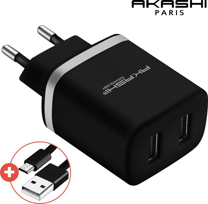 Actual product image Akashi 2x USB ports, with micro USB charging cable