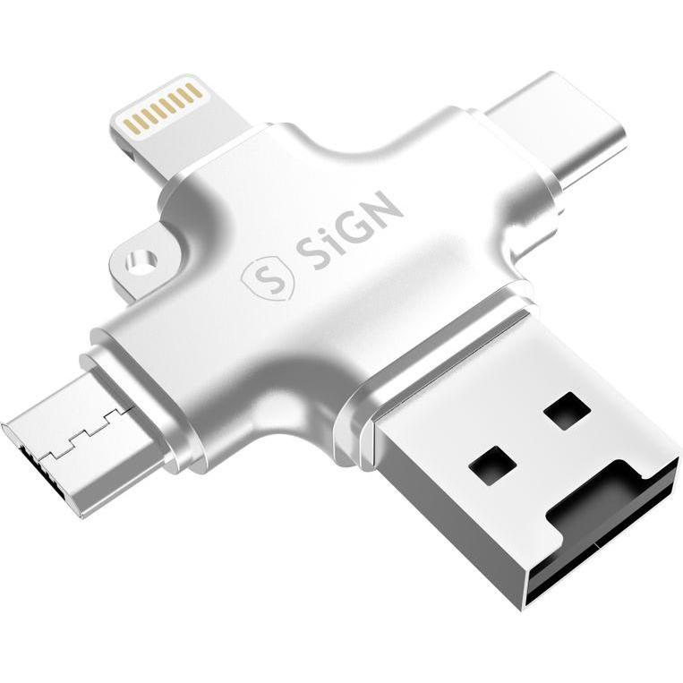 SIGN Card Reader for Mobile 3 in 1 - USB Memory Expansion, Plug & Play - Silver, Lettore di schede di memoria, Argento