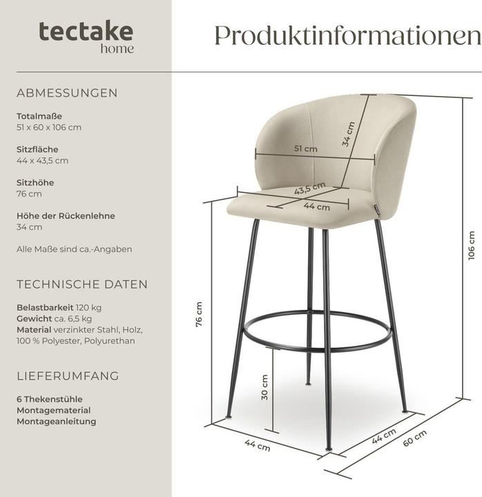 Image du produit tectake Tabouret de bar Luana, avec dossier, aspect velours