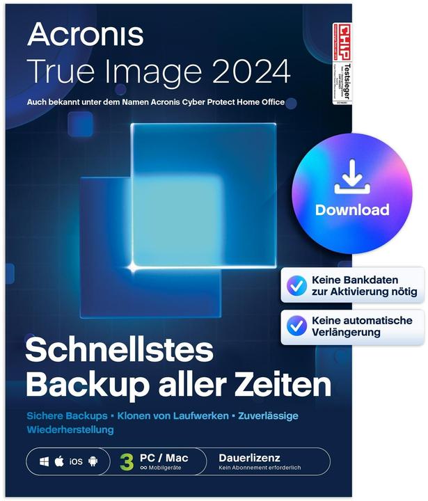 Immagine prodotto Acronis True Image ESD, Perpetuo, 3 PC, Famiglia di prodotti: True (3 Utente, Senza limiti)