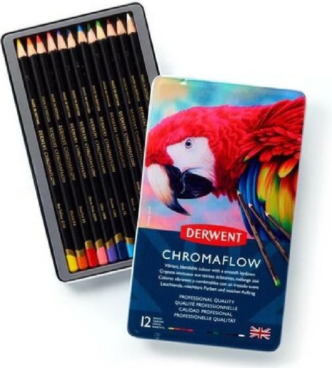 Derwent Chromaflow Buntstifte (Blush Pink, Flame, Natural Brown, Scarlet, grass green, Denim, Sun Yellow, Blue, Basil, Black, Lilac, White, 12 x)
