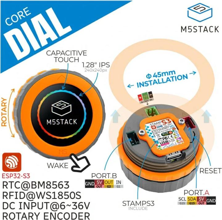 Image du produit M5Stack Dial - ESP32-S3 Bouton rotatif intelligent avec écran tactile de 1,28 pouce