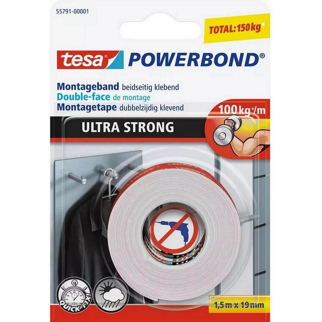 tesa, Klebeband, 2x Powerbond ULTRA STRONG doppelseitiges Montageband (19 mm)