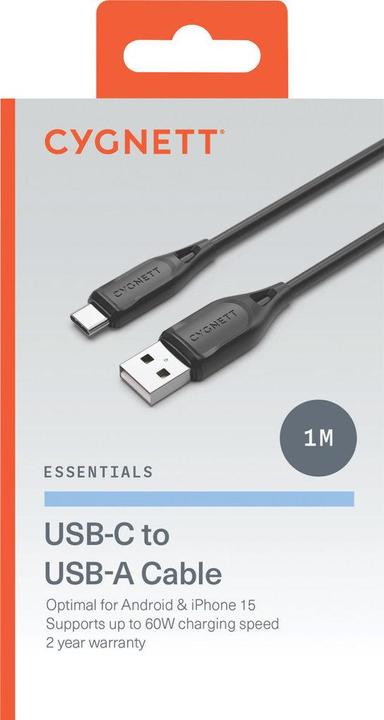 Immagine prodotto Cygnett Cavo Essentials da USB-C a USB-A (USB 2.0), nero, 1 m (1 m, USB 2.0, 60 W)