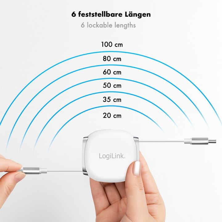 Produktbild LogiLink USB 2.0 Type-C-Kabel, C/M zu C/M, ausziehbar, 480 Mbit/s, 60W, weiss, 1 m (1 m, USB 2.0, 60 W)