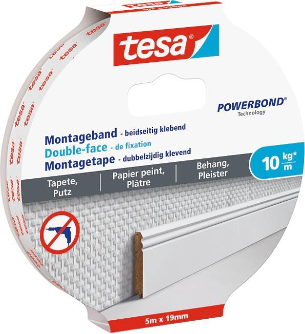 Produktbild tesa Montageband für Tapete & Putz, doppelseitiges Montageklebeband (19 mm)