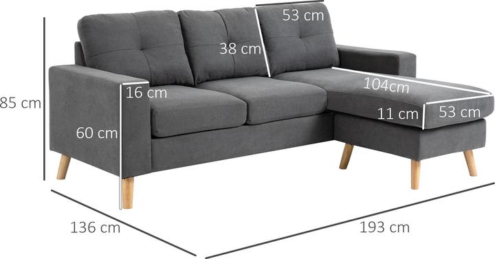 Immagine prodotto Homcom Divano angolare dal design scandinavo con cuciture a bottoni (Divano ad angolo)