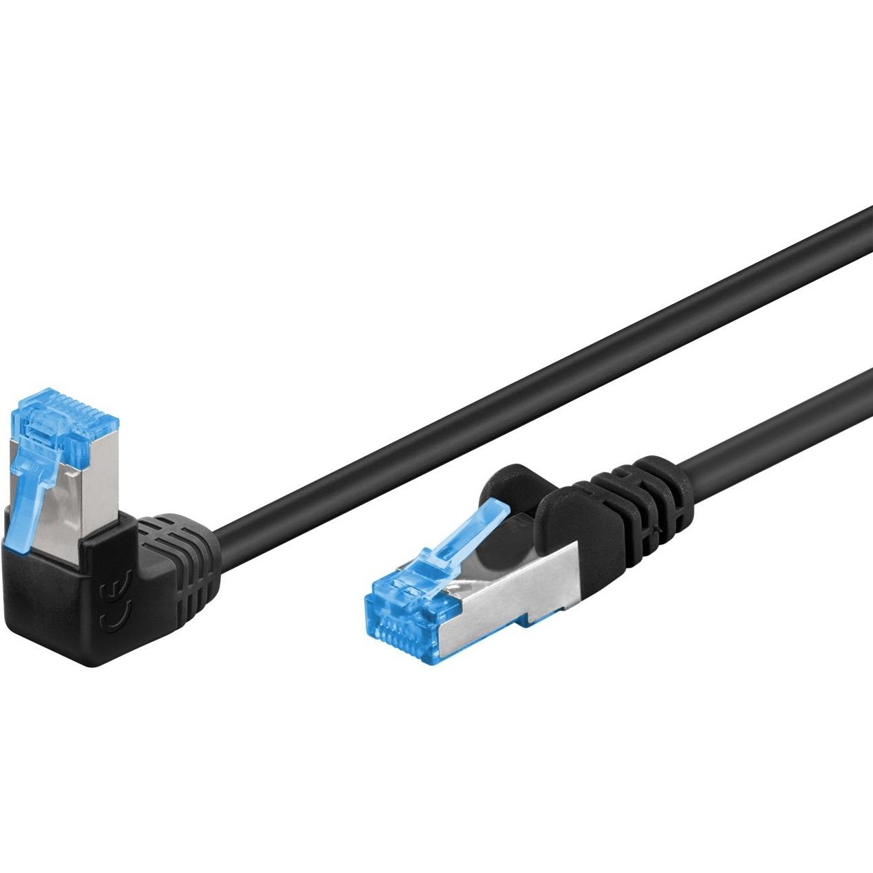 Goobay CAT 6A Patchkabel 1x 90° gewinkelt, S/FTP (PiMF), Schwarz, 10 m (S/FTP, CAT6a, 10 m), Netzwerkkabel