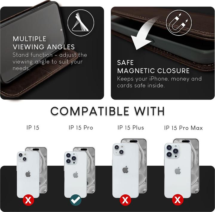Produktbild Nalia Echt Leder Flip Case Hülle mit Magnetverschluss (Apple iPhone 15 Pro)