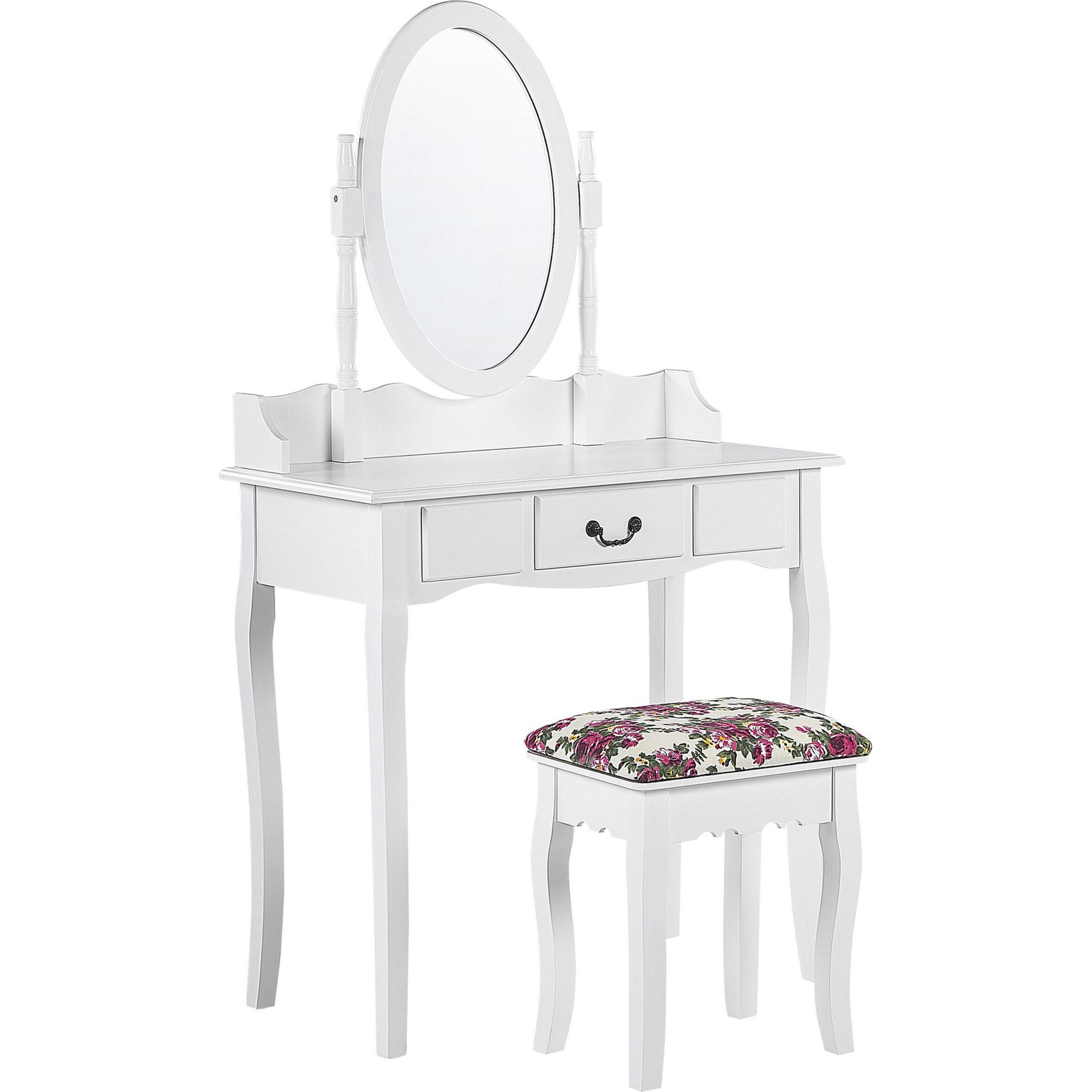 Beliani, Schminktisch, Schminktisch mit ovalem Spiegel Hocker 1 Schublade weiss SOLEIL (39 x 30 x 47 cm)